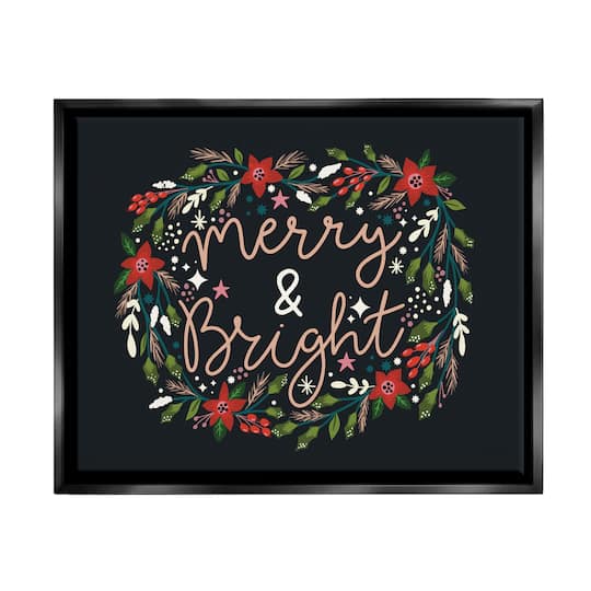 Stupell Industries Merry & Bright Poinsettia Wreath Framed Floater Canvas Wall Art
